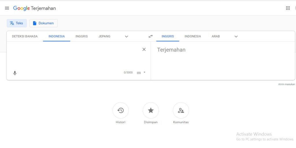 Tampilan google translate lewat web