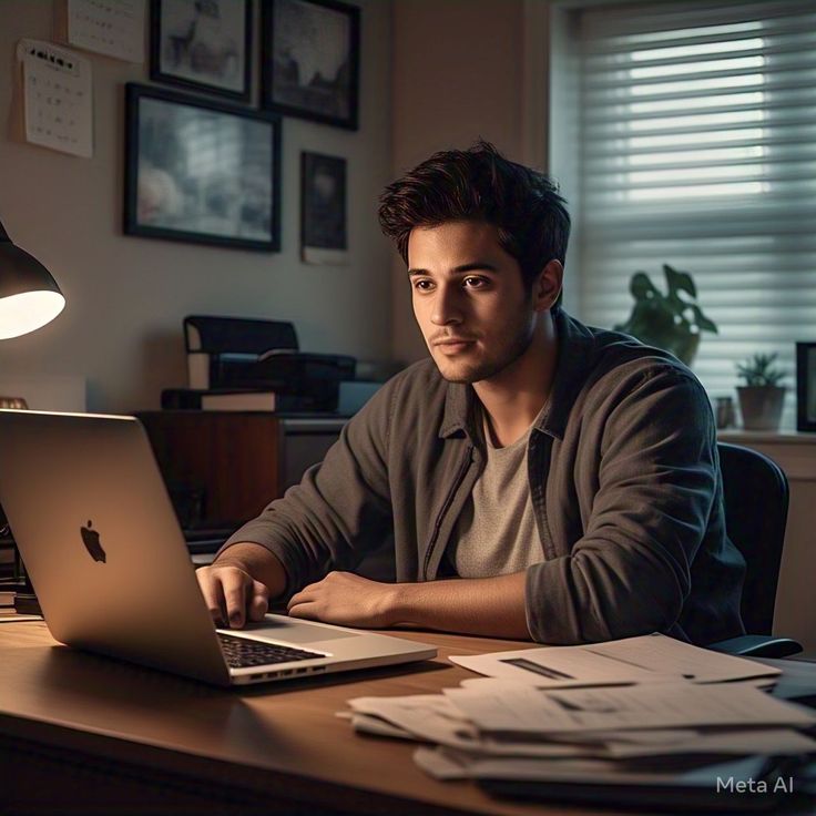 Seorang penulis memegang naskah buku sambil mengetik di laptop, mempersiapkan proses penerbitan.