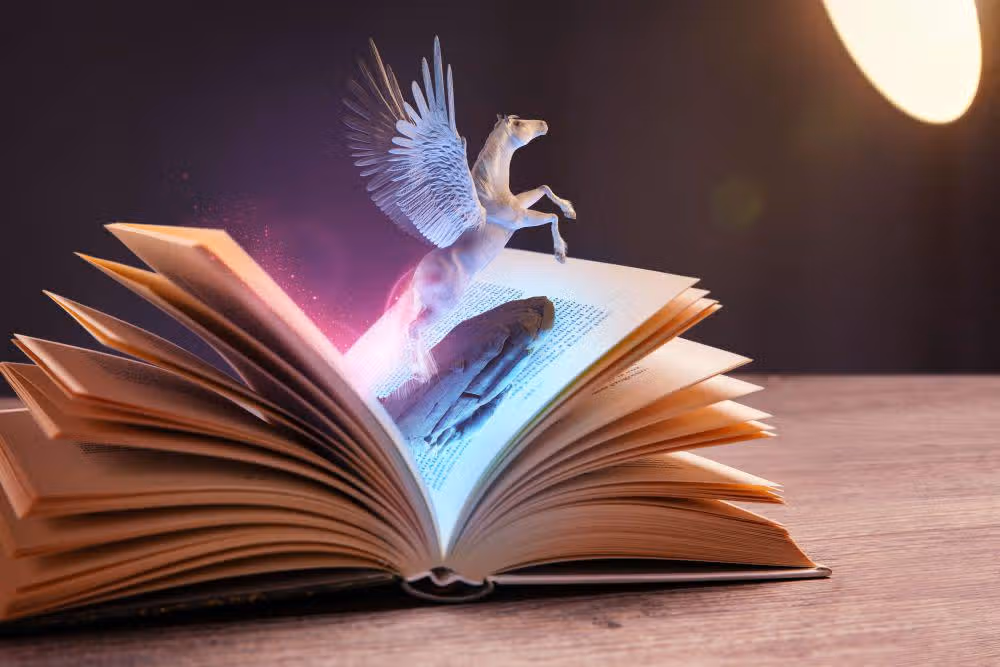 Buku fantasi terbuka dengan ilustrasi dunia magis